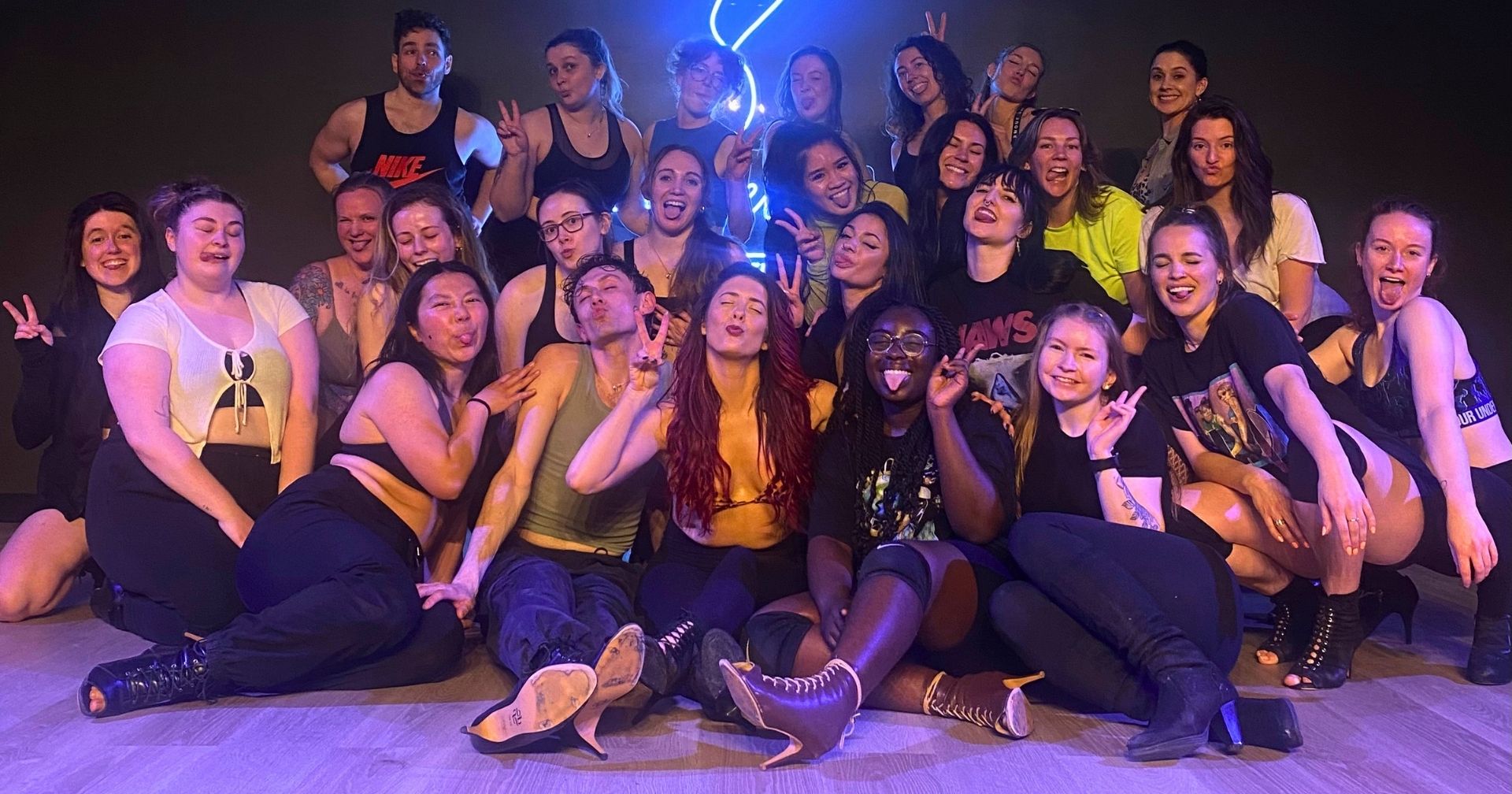 A bachelorette group learning a routine at the studio