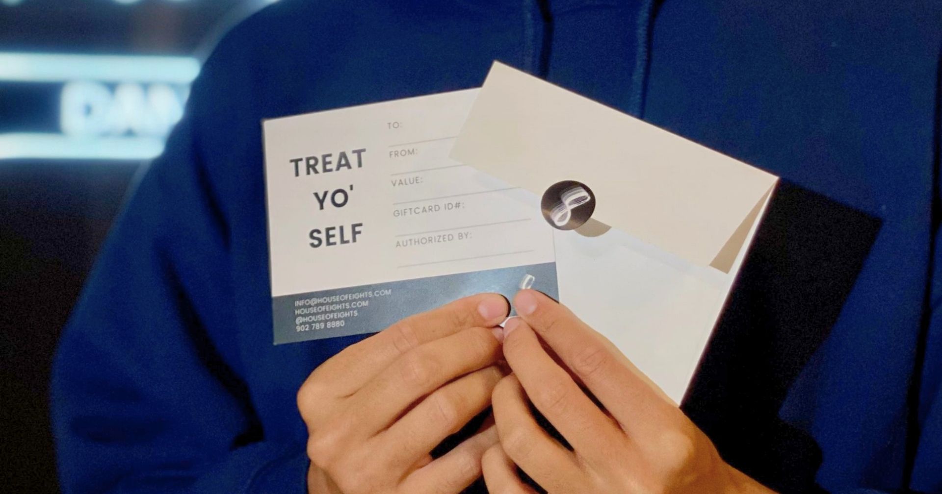A House of Eights physical gift card and envelope